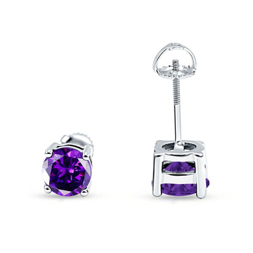 Solitaire Screw Back Stud Earring Brilliant Round Simulated Amethyst CZ Solid 925 Sterling Silver